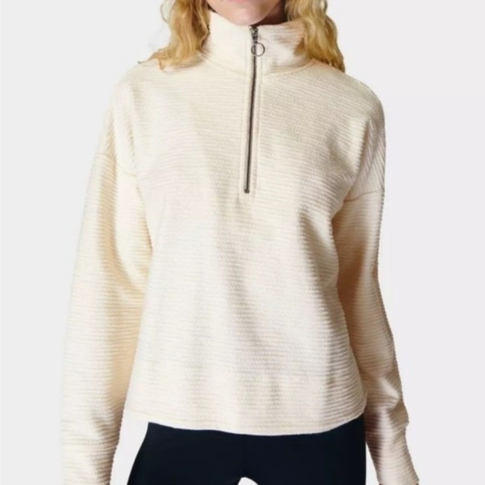 Sweaty Betty Pullover Women Size 6 Cream Waffle Knit Quarter Zip Athleisure